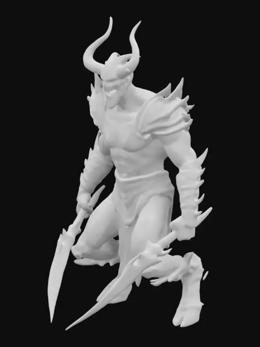 3D model for Detailed Bloodseeker from Dota 2, crouched in a menacing pose. He wears tribal armor and wields sharp-edged weapons. His muscular physique is detailed, with glowing blood-soaked markings. Dynamic lighting highlights his predatory expression and intricate armor patterns. The backdrop is a tense battlefield with motion effects