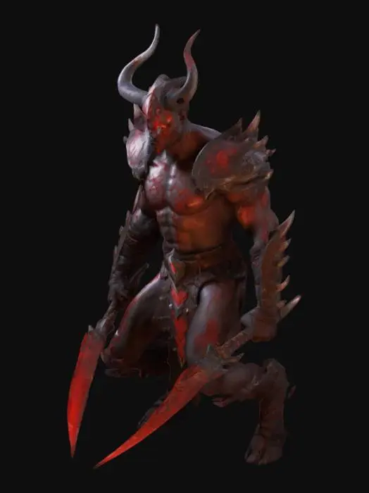 3D model for Detailed Bloodseeker from Dota 2, crouched in a menacing pose. He wears tribal armor and wields sharp-edged weapons. His muscular physique is detailed, with glowing blood-soaked markings. Dynamic lighting highlights his predatory expression and intricate armor patterns. The backdrop is a tense battlefield with motion effects