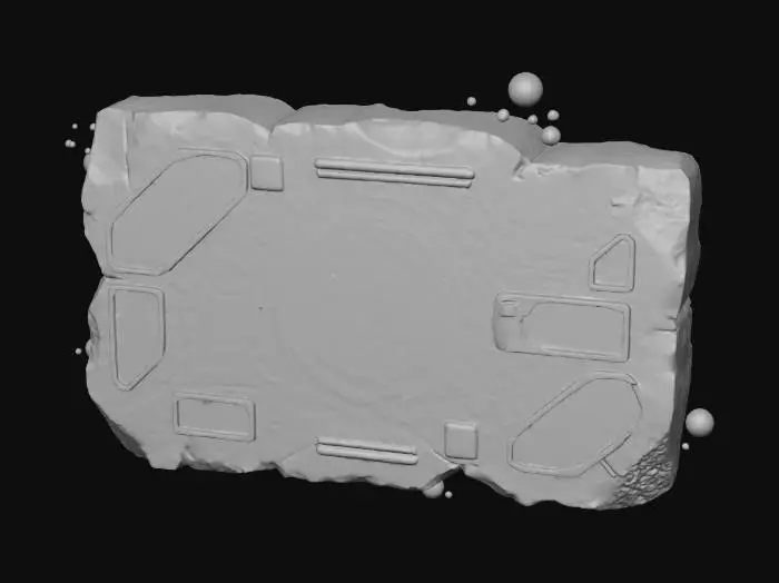 3D model for alien operating system dashboard carved into a fractured stone slab, inset teal glass panels, concentric orbits, technical diagrams and neural network charts etched in low relief, floating pebble planets, embedded screens showing abstract imagery, brushed metal accents, soft studio lighting, ultra detailed, cinematic sci-fi brutalism, no readable latin text,