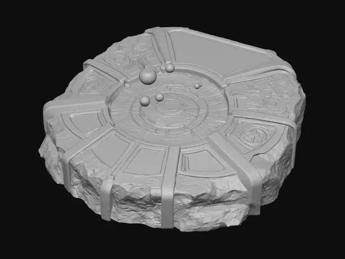 3D model for alien operating system dashboard carved into a fractured stone slab, inset teal glass panels, concentric orbits, technical diagrams and neural network charts etched in low relief, floating pebble planets, embedded screens showing abstract imagery, brushed metal accents, soft studio lighting, ultra detailed, cinematic sci-fi brutalism, no readable latin text,