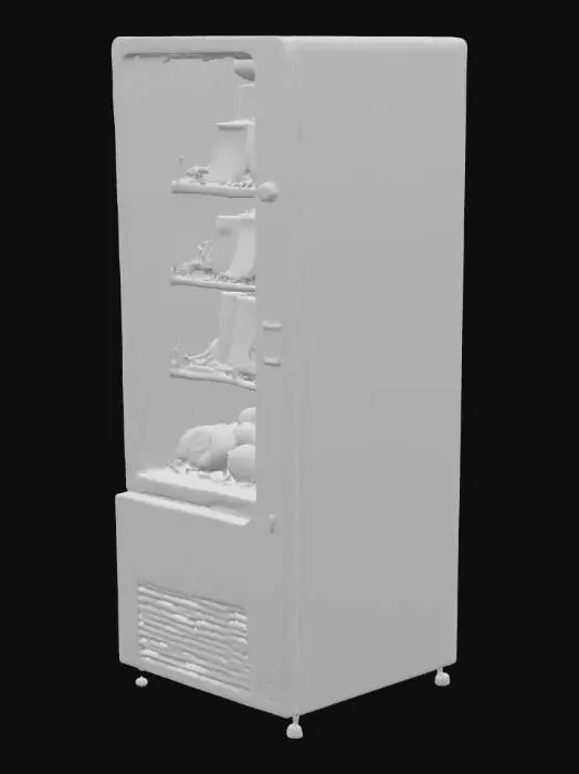 3D model for Ein schlanker, moderner Snackautomat mit einer glatten, mattschwarzen Oberfläche. Das Gehäuse besteht aus gebürstetem Metall, das eine subtile Textur und eine kühle Haptik aufweist. Eine große, transparente Glasfront gibt den Blick auf die bunten Snacks im Inneren frei, während seitliche LED-Lichtleisten einen weichen, futuristischen Glanz verleihen. Die klaren Linien und minimalistischen Details unterstreichen sein zeitgenössisches Design.