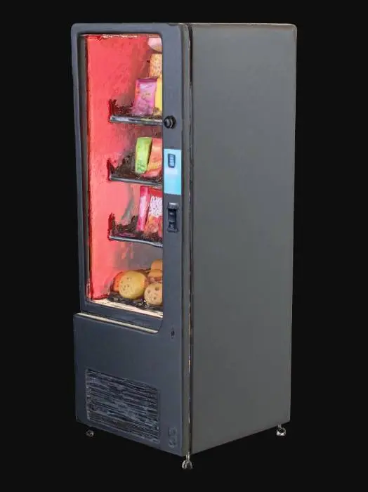 3D model for Ein schlanker, moderner Snackautomat mit einer glatten, mattschwarzen Oberfläche. Das Gehäuse besteht aus gebürstetem Metall, das eine subtile Textur und eine kühle Haptik aufweist. Eine große, transparente Glasfront gibt den Blick auf die bunten Snacks im Inneren frei, während seitliche LED-Lichtleisten einen weichen, futuristischen Glanz verleihen. Die klaren Linien und minimalistischen Details unterstreichen sein zeitgenössisches Design.