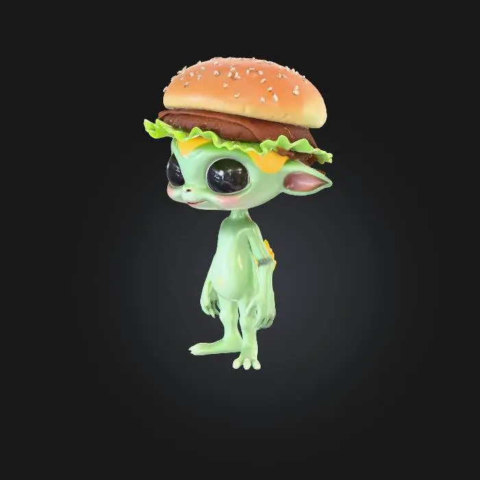 3D model for Инопланетянин в шапке бургера.
Реалистичный стиль, высокая детализация.
Серо-зелёная кожа, большие чёрные глаза.
Одет в шапку-бургер: булочки (золотистый текстурированный хлеб), котлета (сочная, с грилем), сыр (расплавленный пласткий), лист салата и долька помидора.
Юмористический и милый характер.