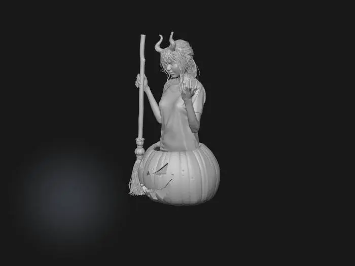 3D model for #Halloween2025#,
 суккуба с короткой причёской совсем без рогов,  в мокрой прилипшей футболке с руками над головой , стоящая по пояс в  дыре срезанной вверху огромной тыквы, держит в руках метлу