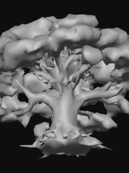 3D model for Cel‑shaded ancient oak, sweeping crown of clustered leaf planes, gnarled trunk with inked contours, moss accents; warm sun key with cool sky bounce, crisp 2–3 tone ramps, cast‑shadow lace on grass; exposed roots, knotted bark, broken branch silhouettes, scattered fallen leaves; slight breeze implied by asymmetric foliage sway; low‑angle wide composition, clean negative space, desaturated distant hills; quality: consistent outline width, minimal texture noise; negative: blur, noisy leaves, messy outlines, photoreal pores, busy background, text artifacts