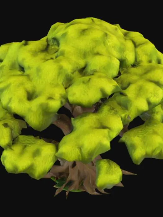 3D model for Cel‑shaded ancient oak, sweeping crown of clustered leaf planes, gnarled trunk with inked contours, moss accents; warm sun key with cool sky bounce, crisp 2–3 tone ramps, cast‑shadow lace on grass; exposed roots, knotted bark, broken branch silhouettes, scattered fallen leaves; slight breeze implied by asymmetric foliage sway; low‑angle wide composition, clean negative space, desaturated distant hills; quality: consistent outline width, minimal texture noise; negative: blur, noisy leaves, messy outlines, photoreal pores, busy background, text artifacts