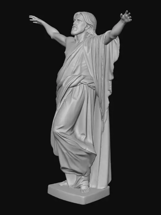 3D model for Ultra-realistic human male character, Jesus Christ at the moment of resurrection.
Anatomically correct adult male, slender but defined body.
Levitating a few centimeters above the ground, upright relaxed posture.
Arms slightly away from the torso, hands open with palms facing forward and slightly downward.
Legs straight and relaxed, feet parallel.
Light olive skin with realistic subsurface scattering.
Crucifixion wounds on hands, feet, and right side of torso, healed and closed, no blood, visible as soft marks with very subtle internal glow.
Calm serene face, compassionate expression, no pain.
Short beard, shoulder-length dark brown hair, slightly wavy.
Simple long linen tunic, off-white / ivory, lightweight fabric with soft folds, no ornaments.