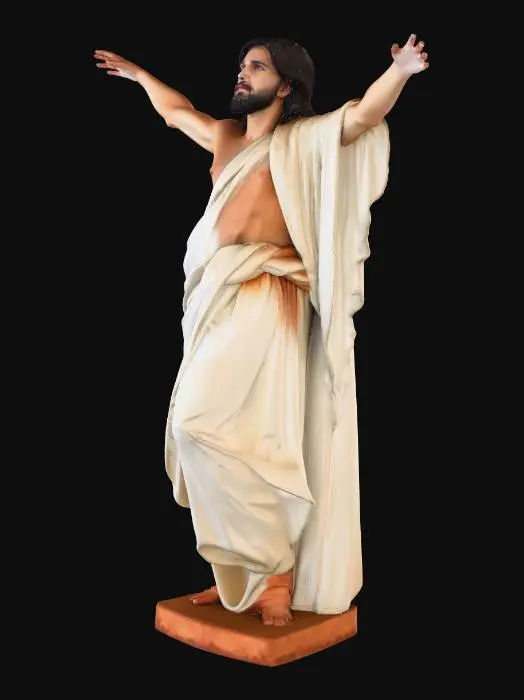 3D model for Ultra-realistic human male character, Jesus Christ at the moment of resurrection.
Anatomically correct adult male, slender but defined body.
Levitating a few centimeters above the ground, upright relaxed posture.
Arms slightly away from the torso, hands open with palms facing forward and slightly downward.
Legs straight and relaxed, feet parallel.
Light olive skin with realistic subsurface scattering.
Crucifixion wounds on hands, feet, and right side of torso, healed and closed, no blood, visible as soft marks with very subtle internal glow.
Calm serene face, compassionate expression, no pain.
Short beard, shoulder-length dark brown hair, slightly wavy.
Simple long linen tunic, off-white / ivory, lightweight fabric with soft folds, no ornaments.