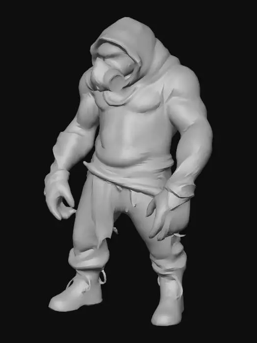 3D model for Hunched wasteland mutant scavenger, broad asym silhouette: oversized right arm fused with knotted muscle/bone spurs; left arm lean, quick-grab gear. Leathery sun-baked skin with patchy burn scars, cracked-mud look, faint biolum veins, sickly-green glow under torn flesh. Face half-masked by crude scrap-welded respirator; one milky cataract eye, one sharp amber eye; jagged teeth under split lip; ragged dirty-canvas hood/cowl. Rust plates on fraying webbing, dangling spent casings & bone charms, battered satchel, improvised knee guards. Graphics: semi-real gritty, slight desat; PBR microdetail (pores, cracking, rust pitting, fabric weave); 4K albedo/normal/rough/metal; clear material separation; strong silhouette at range; game-ready topo mid-poly 25–60k tris, extra geo for spurs+respirator.