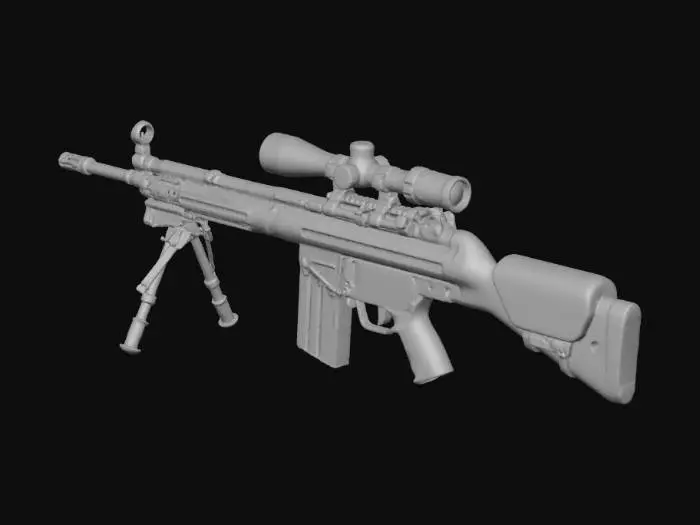 3D model for Cetme rifle, all black, with scope, cheek rest and folded up bipod