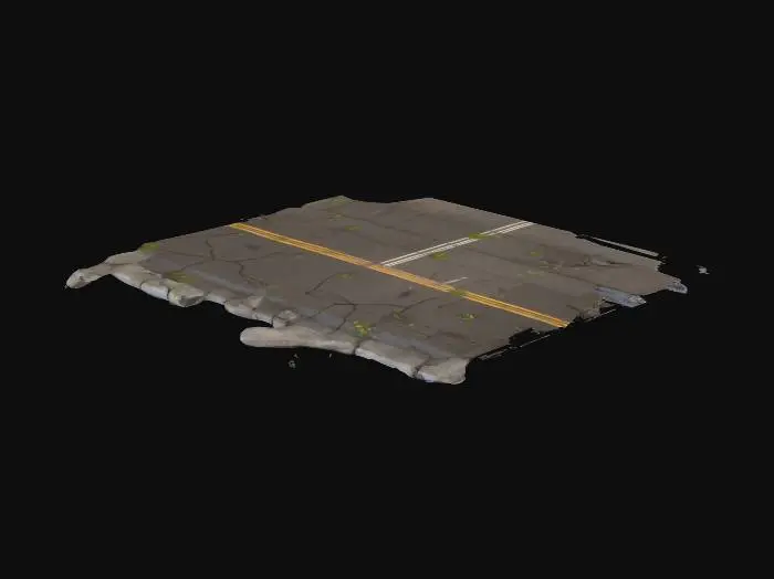 3D model for Low-poly straight road segment for a poor-town city, inspired by Schedule 1.  
Cracked asphalt with potholes, faded lane markings, small weeds growing in cracks, and litter scattered along the sides.  
Includes narrow broken concrete sidewalks with chipped curbs.  