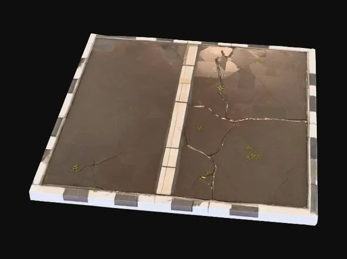 3D model for Low-poly straight road segment for a poor-town city, inspired by Schedule 1.  
Cracked asphalt with potholes, faded lane markings, small weeds growing in cracks, and litter scattered along the sides.  
Includes narrow broken concrete sidewalks with chipped curbs.  