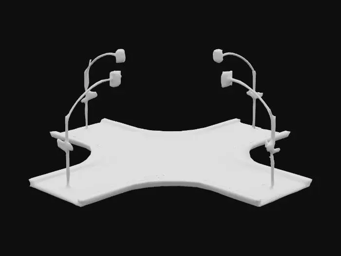 3D model for Low-poly 4-way city intersection with cracked asphalt, faded pedestrian crossings, potholes, and sidewalk curbs. Includes traffic light poles (no lights on), and scattered trash. Neutral lighting.