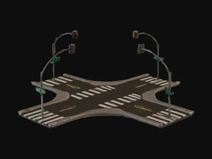 3D model for Low-poly 4-way city intersection with cracked asphalt, faded pedestrian crossings, potholes, and sidewalk curbs. Includes traffic light poles (no lights on), and scattered trash. Neutral lighting.
