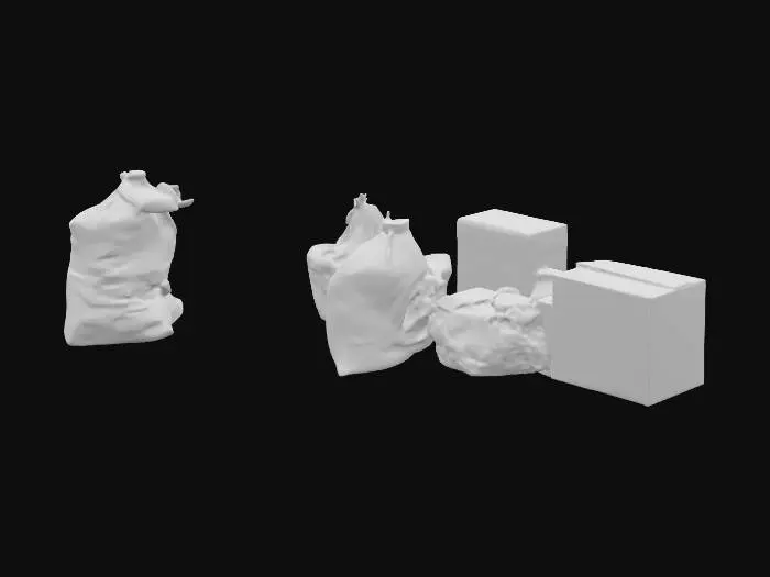3D model for Narrow low-poly urban alley, cracked concrete ground, graffiti-covered brick walls on each side, scattered trash bags, cardboard boxes, and a single flickering streetlamp.