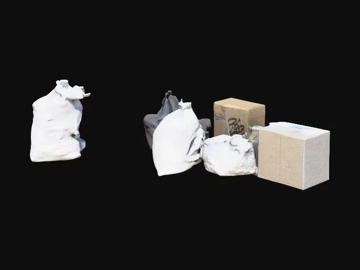 3D model for Narrow low-poly urban alley, cracked concrete ground, graffiti-covered brick walls on each side, scattered trash bags, cardboard boxes, and a single flickering streetlamp.