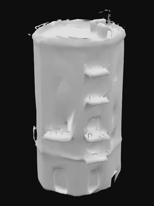 3D model for Low-poly apartment building, 3–4 stories tall, cracked plaster walls, graffiti, rusty balconies, broken windows, with small shop fronts on the ground floo