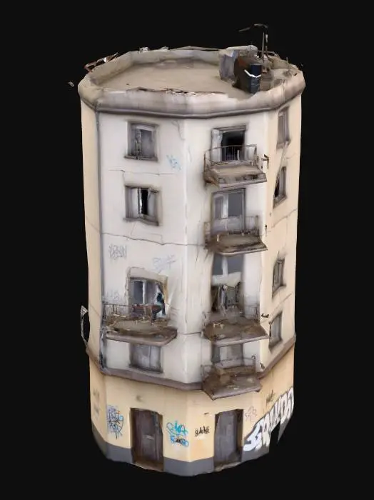 3D model for Low-poly apartment building, 3–4 stories tall, cracked plaster walls, graffiti, rusty balconies, broken windows, with small shop fronts on the ground floo