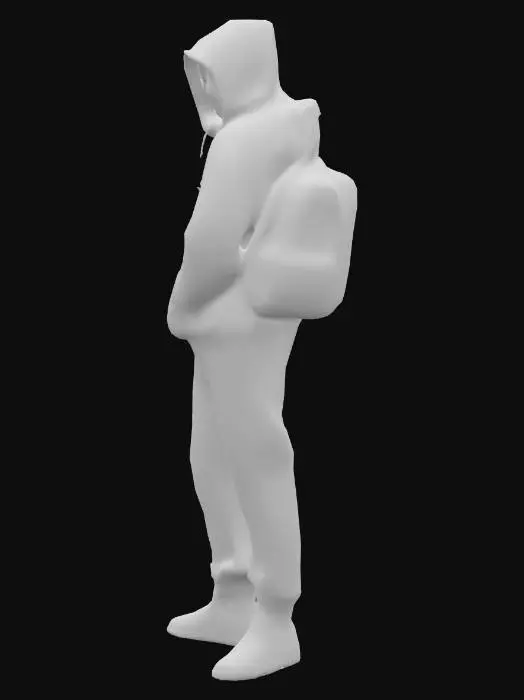 3D model for Create a low-poly, game-ready 3D character of a street dealer in a gritty slum city style.  
Wears a hoodie with the hood up, baggy jeans, sneakers, and a small backpack.  
Muted, dusty colors with worn textures.  
Rigged for basic walking and idle animations,
