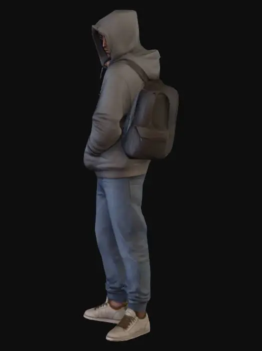 3D model for Create a low-poly, game-ready 3D character of a street dealer in a gritty slum city style.  
Wears a hoodie with the hood up, baggy jeans, sneakers, and a small backpack.  
Muted, dusty colors with worn textures.  
Rigged for basic walking and idle animations,
