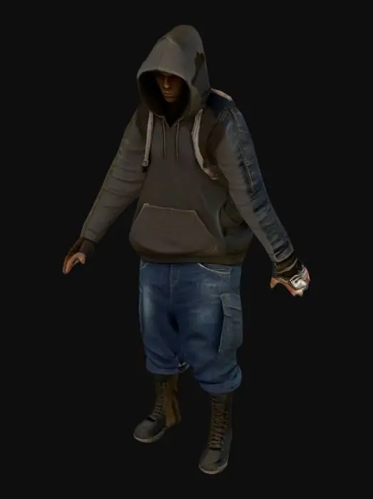 3D model for Create a low-poly, game-ready 3D character of a street dealer in a gritty slum city style.  
Wears a hoodie with the hood up, baggy jeans, sneakers, and a small backpack.