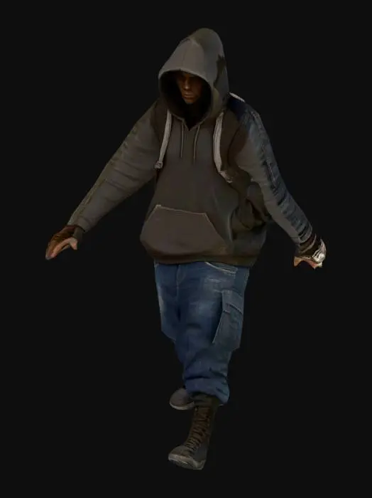 3D model for Create a low-poly, game-ready 3D character of a street dealer in a gritty slum city style.  
Wears a hoodie with the hood up, baggy jeans, sneakers, and a small backpack.