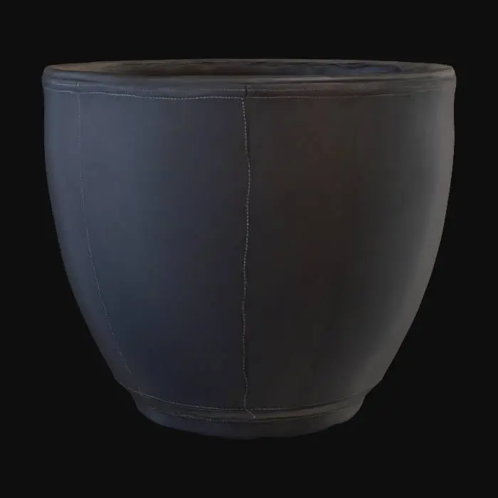 3D model for Black fabric grow pot, round, 0.4 meters diameter, 0.35 meters tall, visible dark soil surface, subtle stitching detail, pivot at base center, clean low-poly topology, game-ready PBR textures, realistic proportions, .glb format.