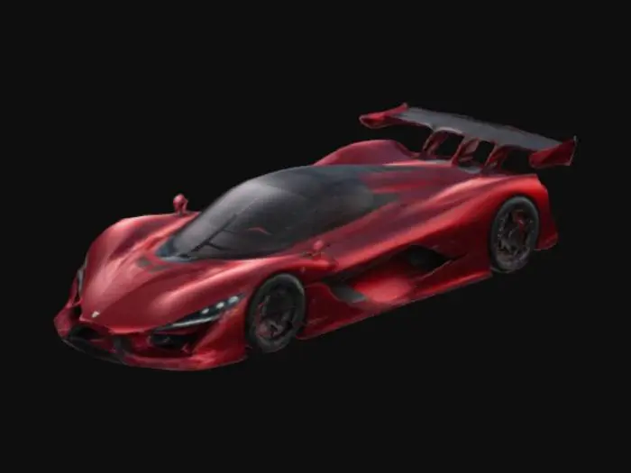 3D model for A low-slung hypercar with sharp aero, deep red paint, and nine turbo exhausts. It features an active wing, OLED cockpit, and carbon-ceramic brakes for peak performance.