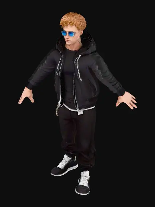 3D model for Ultra-realistic, full-body male character,T-pose(arms straight out, palms down), front-facing, no environment.
Slim–athletic build, fair skin, shortstrawberry-blond curls with a tight fade, light blue eyes, clean shaven.
Outfit: premium streetwear—fitted black designer tee under a light bomber/hoodie option, slim black tech joggers, designer low-top sneakers.
Accessories: Chrome Hearts style sunglasses glossy black rectangular frames with silver gothic cross hardware on temples; layered silver curb chains over the shirt.
Style: photorealistic PBR, high-detail skin and hair cards, crisp cloth folds, realistic proportions, neutral expression.
Focus on accurate likeness to the reference photos (face shape, hair color/texture, jawline, eye spacing), clean silhouette, and game-ready topology.

