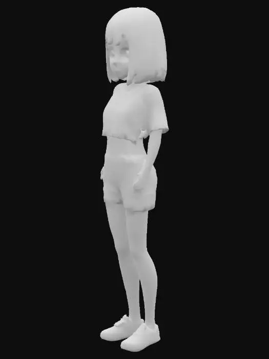 3D model for Cute female character with short pants and sneakers and a crop top. Anime artstyle, black half long hair. Pale white skin