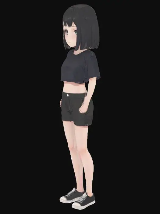 3D model for Cute female character with short pants and sneakers and a crop top. Anime artstyle, black half long hair. Pale white skin