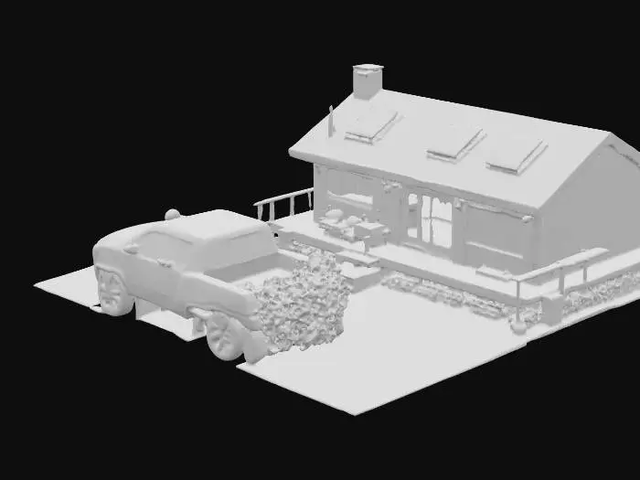 3D model for I want a green home thats one stories tall with a backyard that has a black cat on it and a deck on the huge hill behind the home. Also a tesla roof and a furnished interior. and there to be a green Honda truck parked in the home.