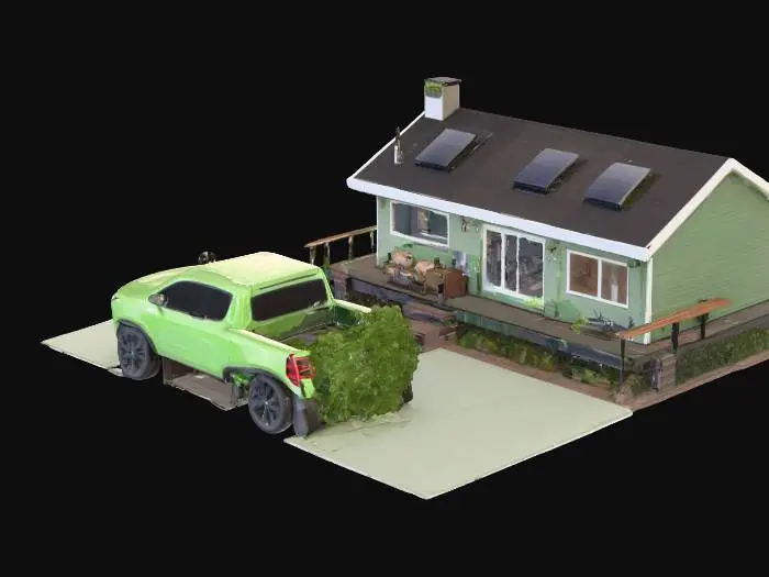 3D model for I want a green home thats one stories tall with a backyard that has a black cat on it and a deck on the huge hill behind the home. Also a tesla roof and a furnished interior. and there to be a green Honda truck parked in the home.
