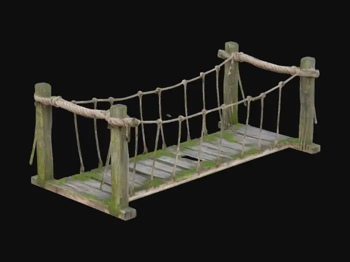 3D model for An old, weathered wooden bridge made from rough-hewn planks and rope, spanning a small forest gap. Some planks are cracked or missing, while the remaining ones are damp and covered in moss. The bridge has an unstable, aged look, with frayed ropes and signs of decay