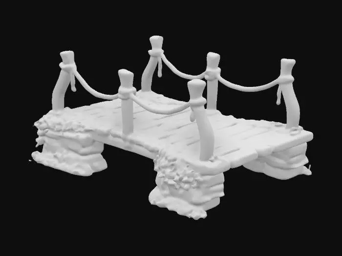 3D model for An old, weathered wooden bridge made from rough-hewn planks and rope, spanning a small forest gap. Some planks are cracked or missing, while the remaining ones are damp and covered in moss. The bridge has an unstable, aged look, with frayed ropes and signs of decay