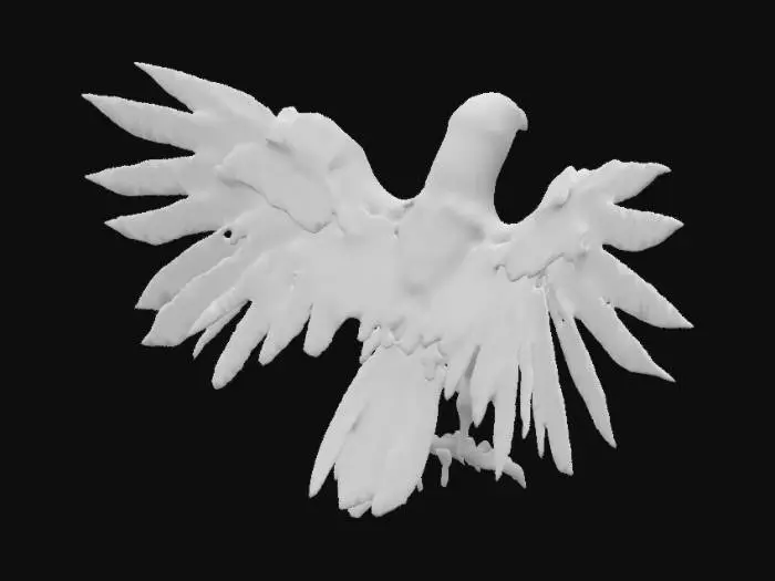 3D model for A dark, cybernetic raven with sharp metallic feathers, glowing red eyes, and intricate mechanical details