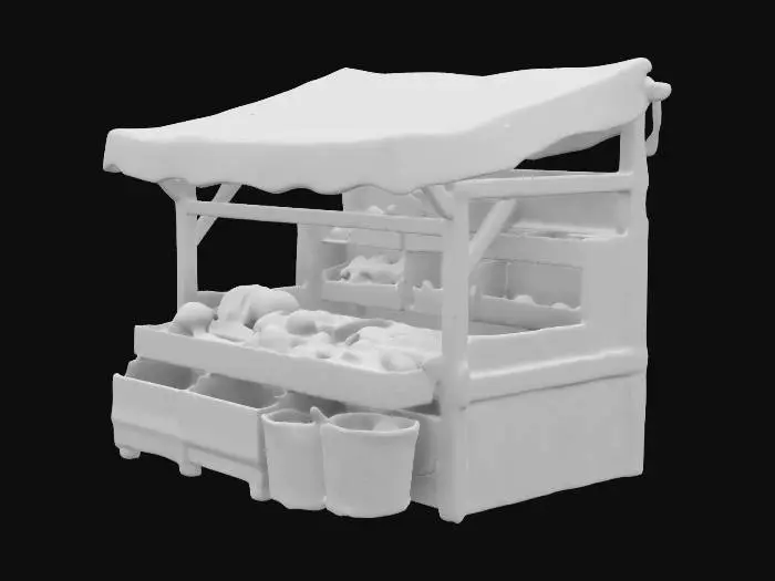 3D model for "A small wooden market stand with a simple canopy made of slightly worn fabric. The stand has a few wooden crates and baskets filled with vegetables, fruits, and other goods. The wood appears slightly aged, with visible grain and minor imperfections, giving it a rustic, handmade feel."