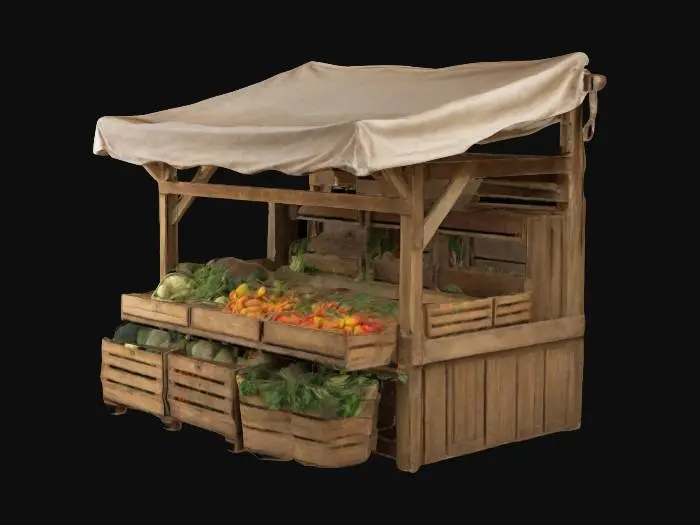 3D model for "A small wooden market stand with a simple canopy made of slightly worn fabric. The stand has a few wooden crates and baskets filled with vegetables, fruits, and other goods. The wood appears slightly aged, with visible grain and minor imperfections, giving it a rustic, handmade feel."