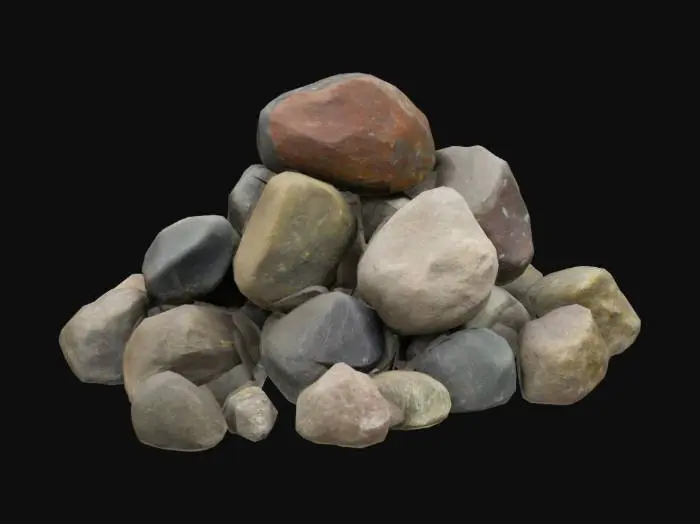 3D model for A collection of variously sized rocks arranged in a natural, asymmetrical formation. The stones range from small to large, with irregular shapes and rough, weathered surfaces. The base is flat, allowing for easy placement on an even ground