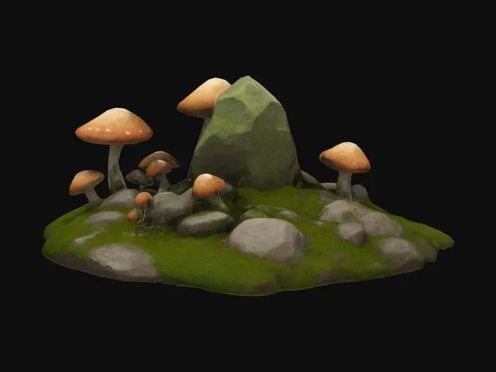 3D model for Rocks, high quality, less moss, mushrooms, webtoon style, less contrast, Low Poly, Realistic