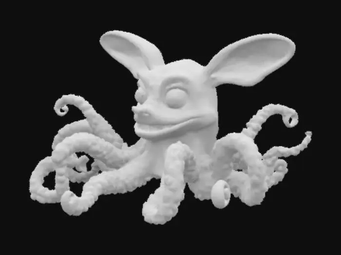 3D model for A strange creature with the head of a Rabbit and eight tentacles instead of legs. The tentacles are long, muscular. The creature has large, curious Rabbit eyes, long ears, and a slightly goofy grin. Its skin is a mix of rough fur and smooth octopus skin, with occasional suckers on the tentacles