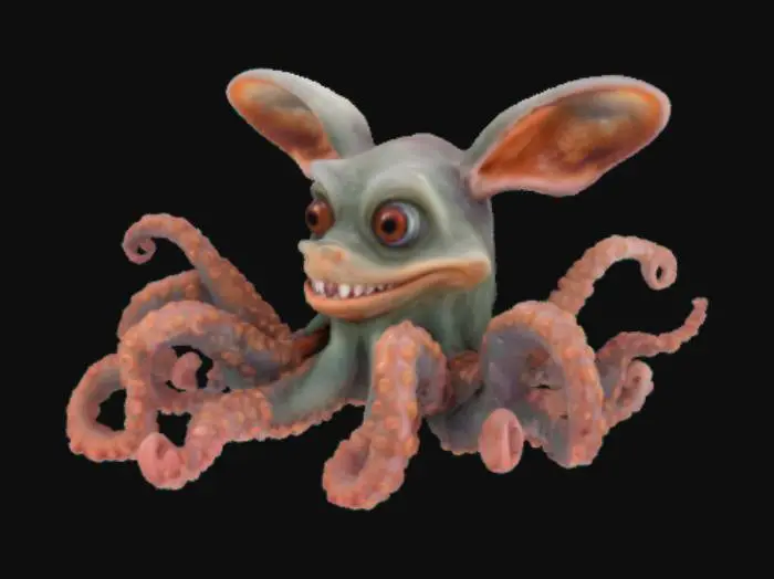 3D model for A strange creature with the head of a Rabbit and eight tentacles instead of legs. The tentacles are long, muscular. The creature has large, curious Rabbit eyes, long ears, and a slightly goofy grin. Its skin is a mix of rough fur and smooth octopus skin, with occasional suckers on the tentacles