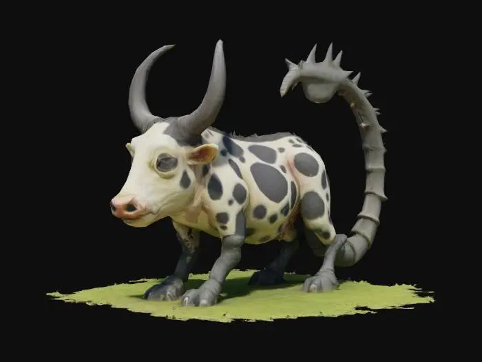 3D model for A grotesque creature with the body of a cow but a scorpion tail that swings threateningly over its back. The tail is large, armored, and ends in a sharp, venomous tip. The cow has peaceful, large eyes and calmly chews on a blade of grass as if nothing is unusual. Its coat is black and white spotted, but its legs have a slightly chitinous appearance