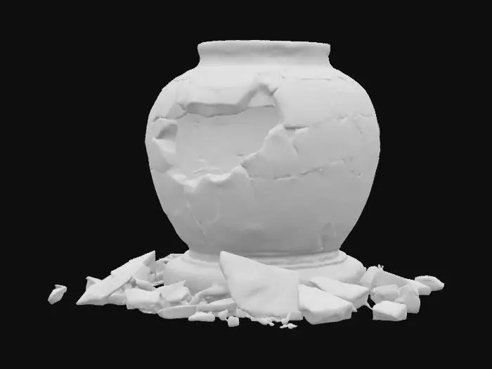 3D model for A broken ceramic vase, large visible cracks and missing pieces, shards scattered around the base, natural worn textures, handcrafted medieval-style design, muted earthy colors, realistic and rustic appearance