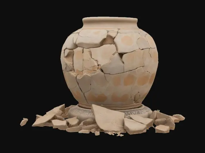 3D model for A broken ceramic vase, large visible cracks and missing pieces, shards scattered around the base, natural worn textures, handcrafted medieval-style design, muted earthy colors, realistic and rustic appearance