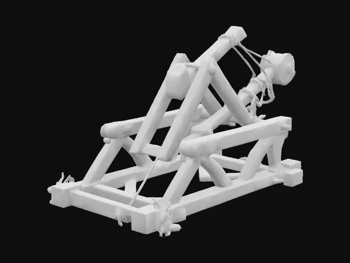 3D model for A medieval trebuchet made of worn wood and rough iron fittings, massive counterweight structure, thick ropes connecting the throwing arm, detailed weathered textures with slight signs of moss and age, functional but slightly crooked design, rustic and battle-worn appearance