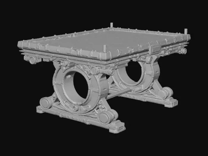 3D model for futuristic industrial workstation table, metallic frame, reinforced edges, mechanical components on surface, tool racks, modular support legs