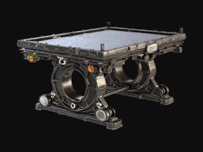 3D model for futuristic industrial workstation table, metallic frame, reinforced edges, mechanical components on surface, tool racks, modular support legs