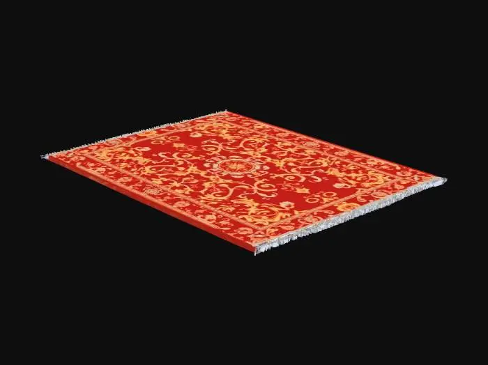 3D model for An elegant antique carpet with intricate oriental patterns, rich deep red and gold colors, finely woven with luxurious textures, slightly worn for authentic vintage look, baroque or Victorian style, high quality