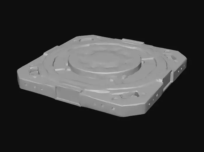 3D model for A cyberpunk-style pressure plate with a metallic square base and a slightly recessed center. The surface features subtle neon accents in cyan and magenta, glowing faintly along engraved circuit patterns. Made of dark, weathered metal with vents and panel lines for an advanced look. The neon elements are integrated smoothly, enhancing the futuristic aesthetic while keeping it functional.